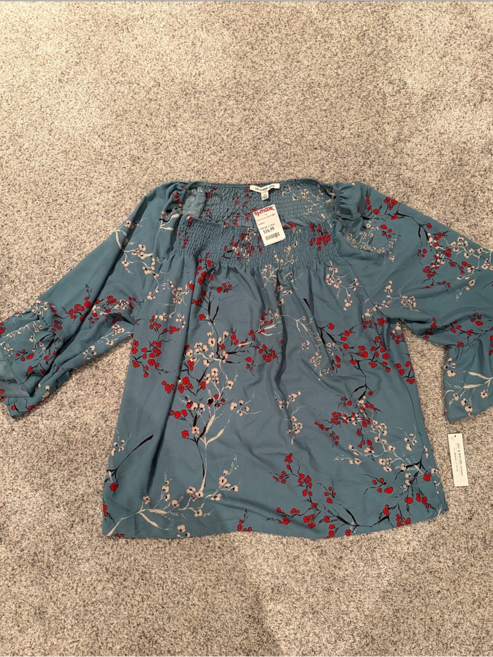 Zac & Rachel Blue Floral Smocked Off-Shoulder Blouse with Red Accents